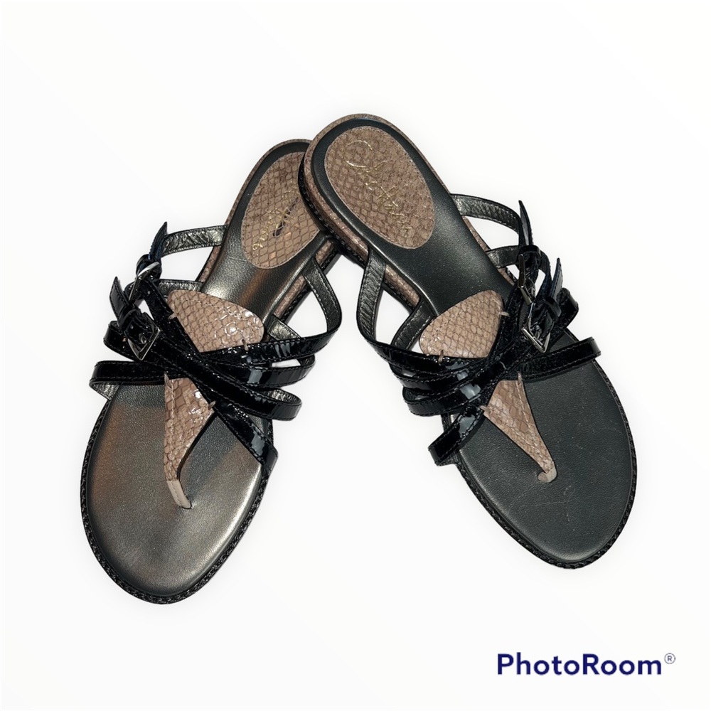 COLE HAAN Black patent Tan snakeskin Leather Sandals EUC Sz 8 Nike Air Tech